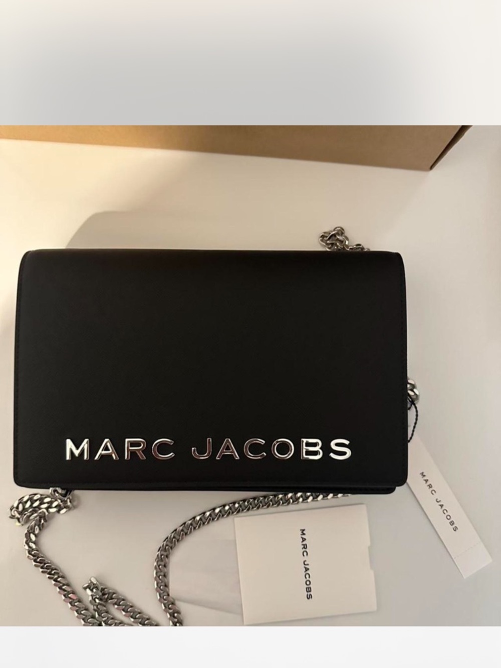 Marc Jacobs Black Leather Crossbody with Silver Logo and Chain